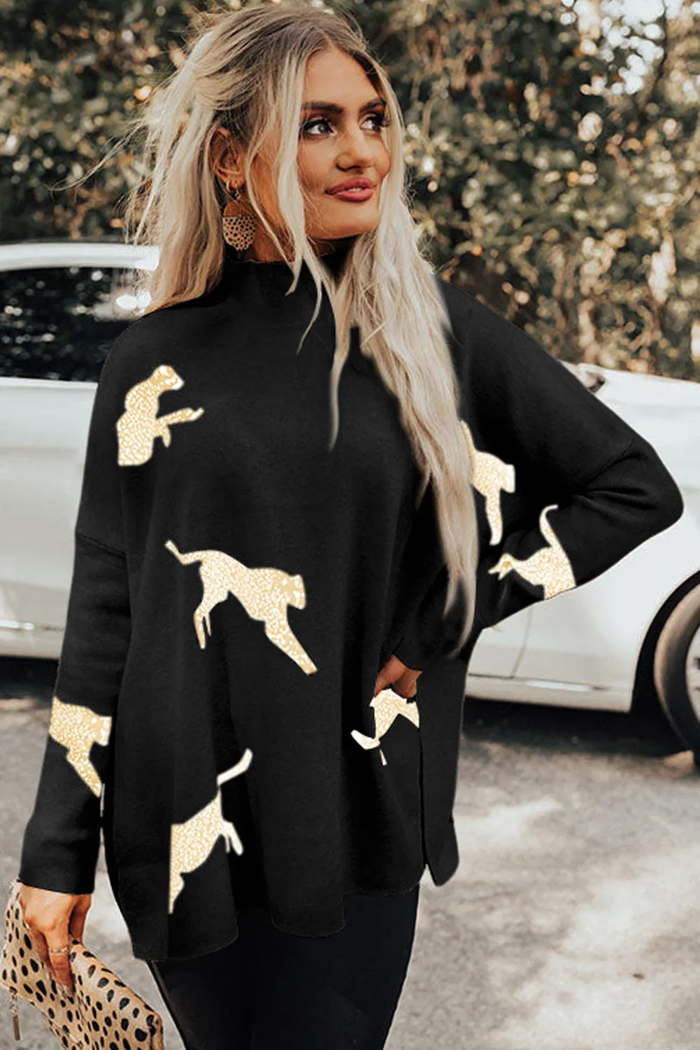 Black Lively Cheetah Print High Neck Split Hem Sweater