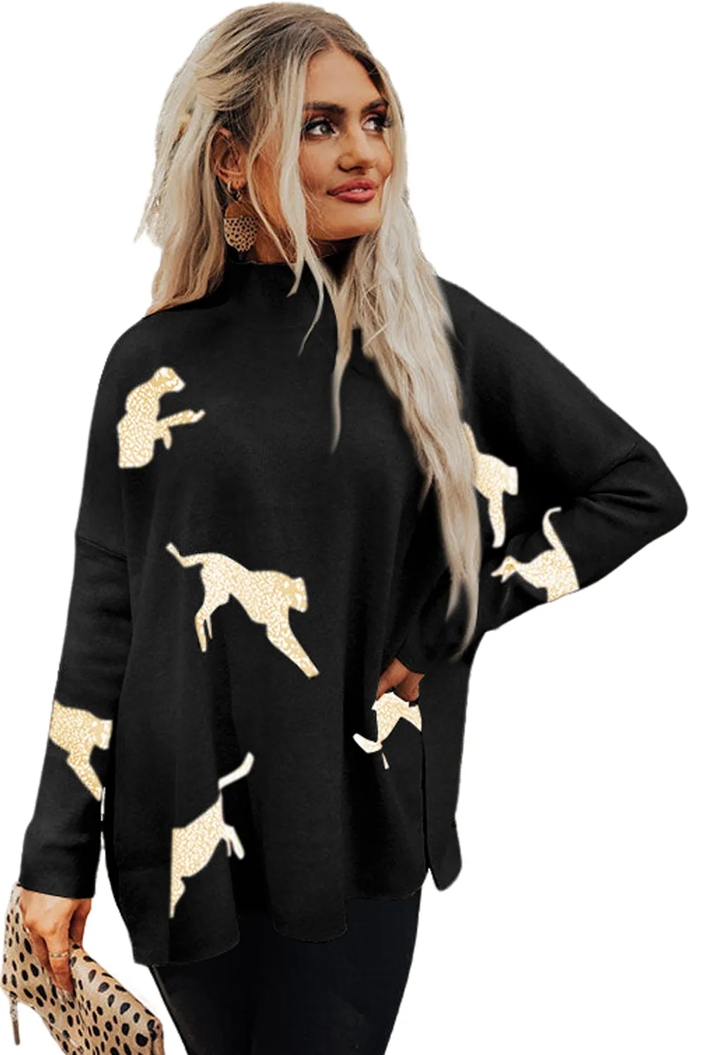 Black Lively Cheetah Print High Neck Split Hem Sweater