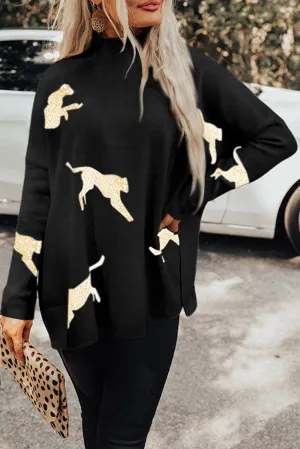 Black Lively Cheetah Print High Neck Split Hem Sweater