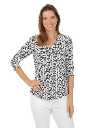 Black Optical Daisy Classic UPF50  V-Neck Top