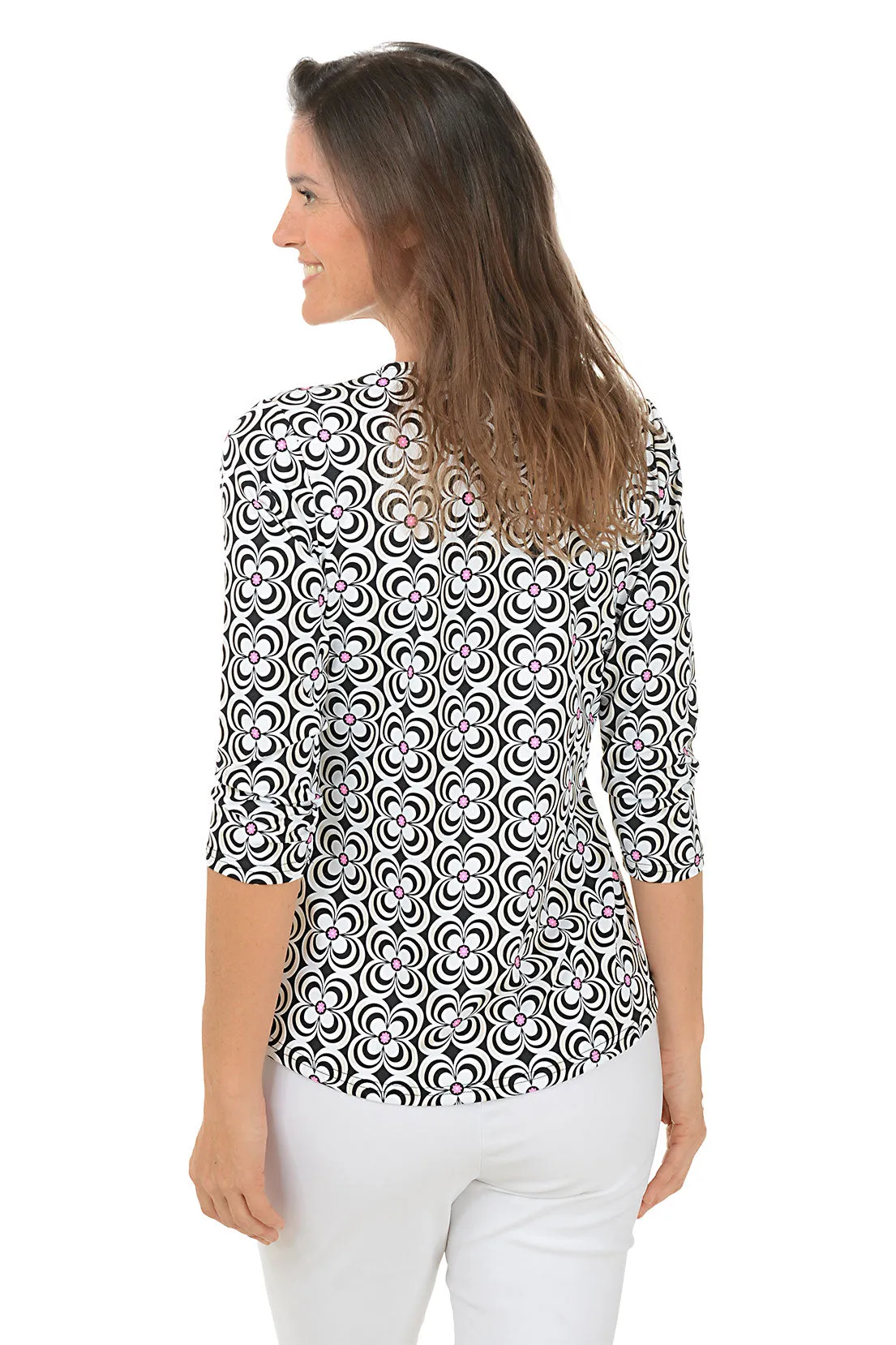 Black Optical Daisy Classic UPF50  V-Neck Top