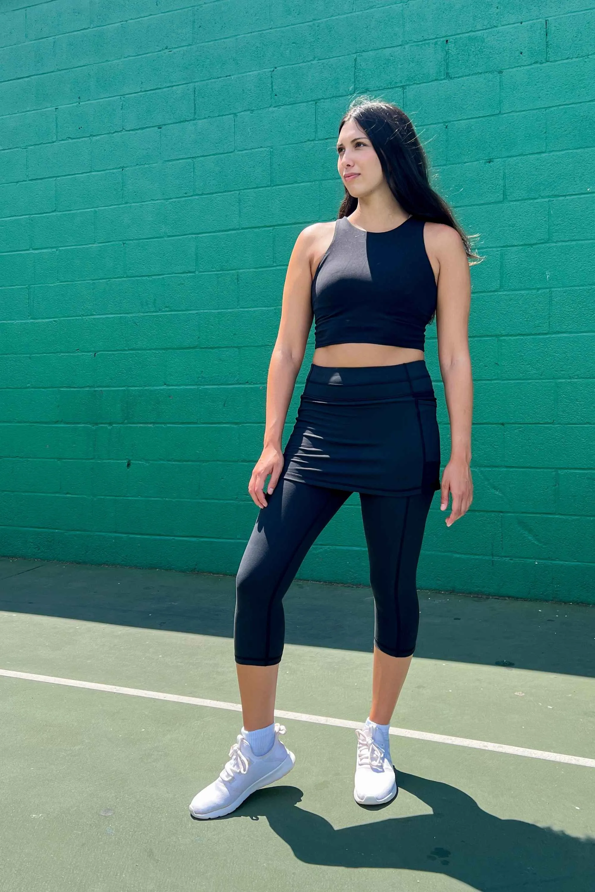 Black Skirted Capris Leggings with Pockets