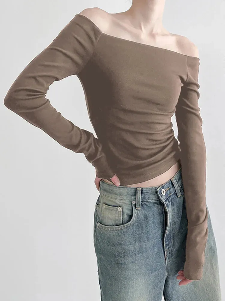 Black Slash Neck Elegant Long Sleeve Slim Knit Top