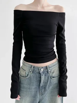 Black Slash Neck Elegant Long Sleeve Slim Knit Top