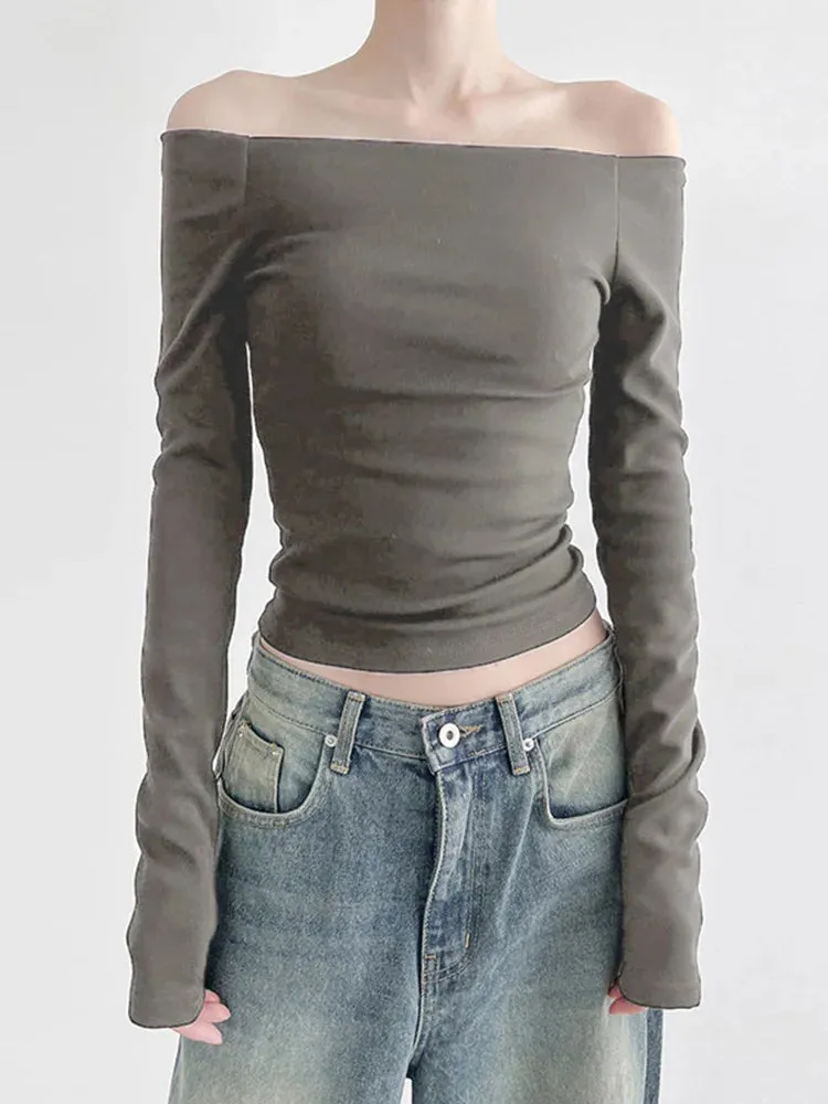 Black Slash Neck Elegant Long Sleeve Slim Knit Top