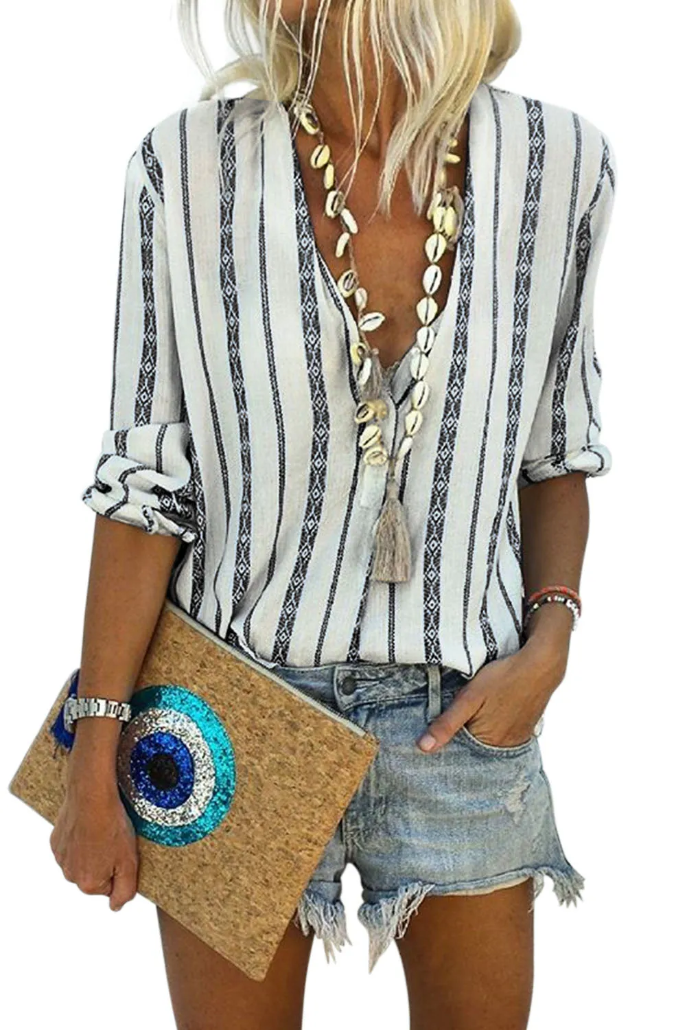 Black V Neck Striped Button Up Blouse