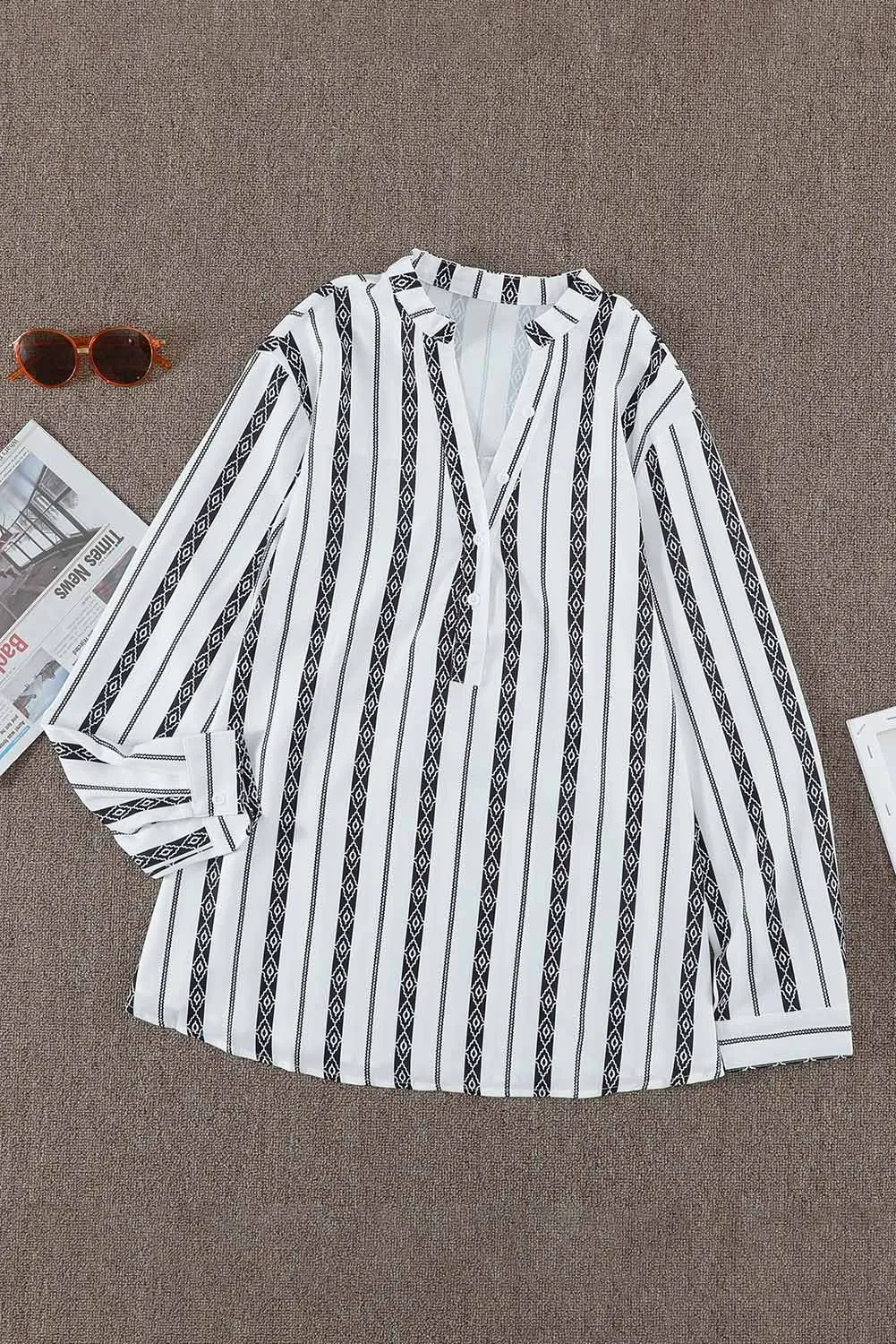 Black V Neck Striped Button Up Blouse