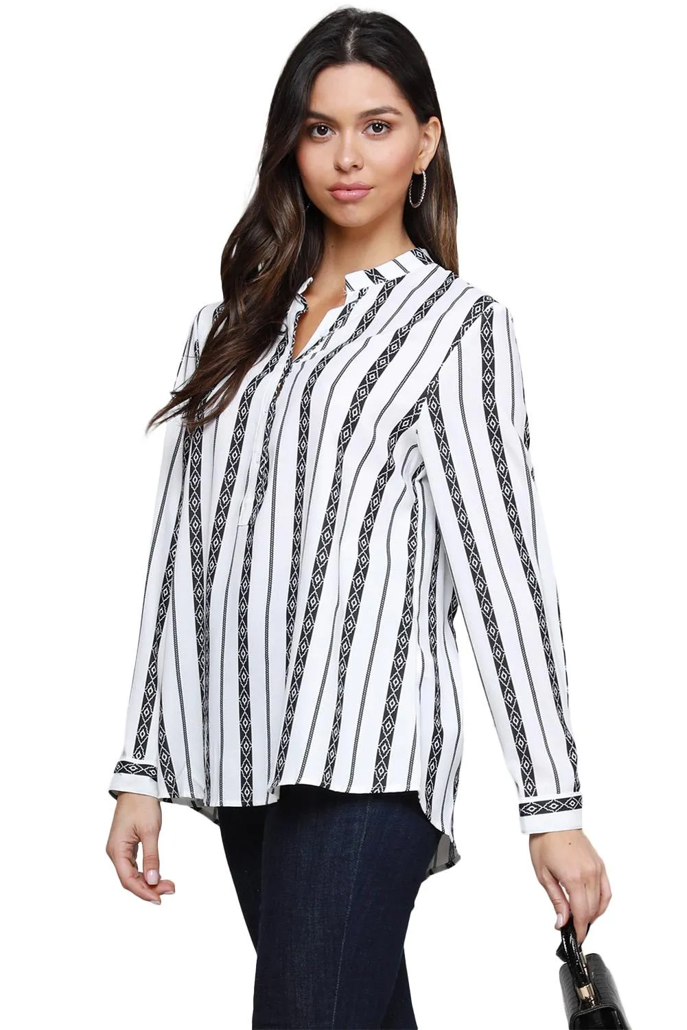 Black V Neck Striped Button Up Blouse