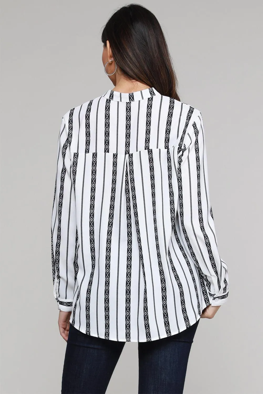 Black V Neck Striped Button Up Blouse