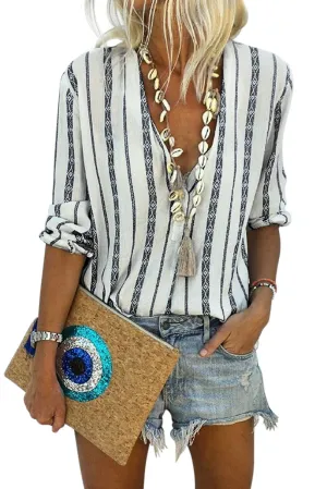 Black V Neck Striped Button Up Blouse