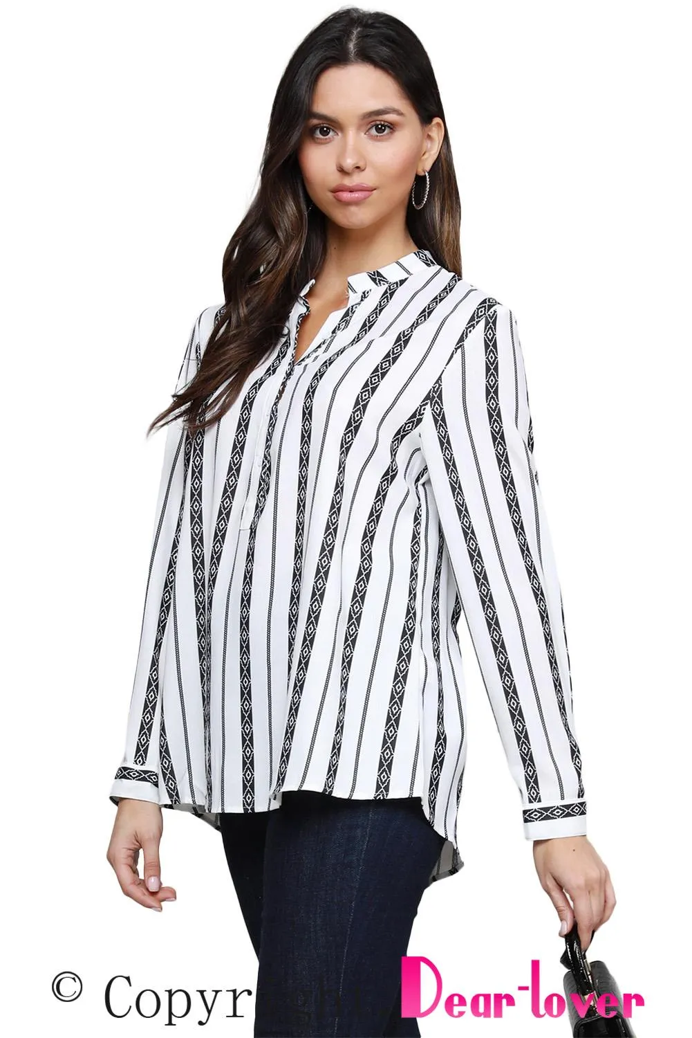 Black V Neck Striped Button Up Blouse