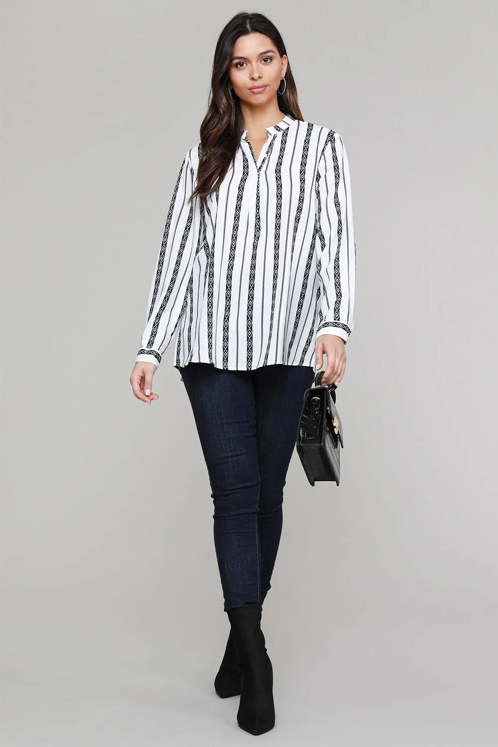 Black V Neck Striped Button Up Blouse