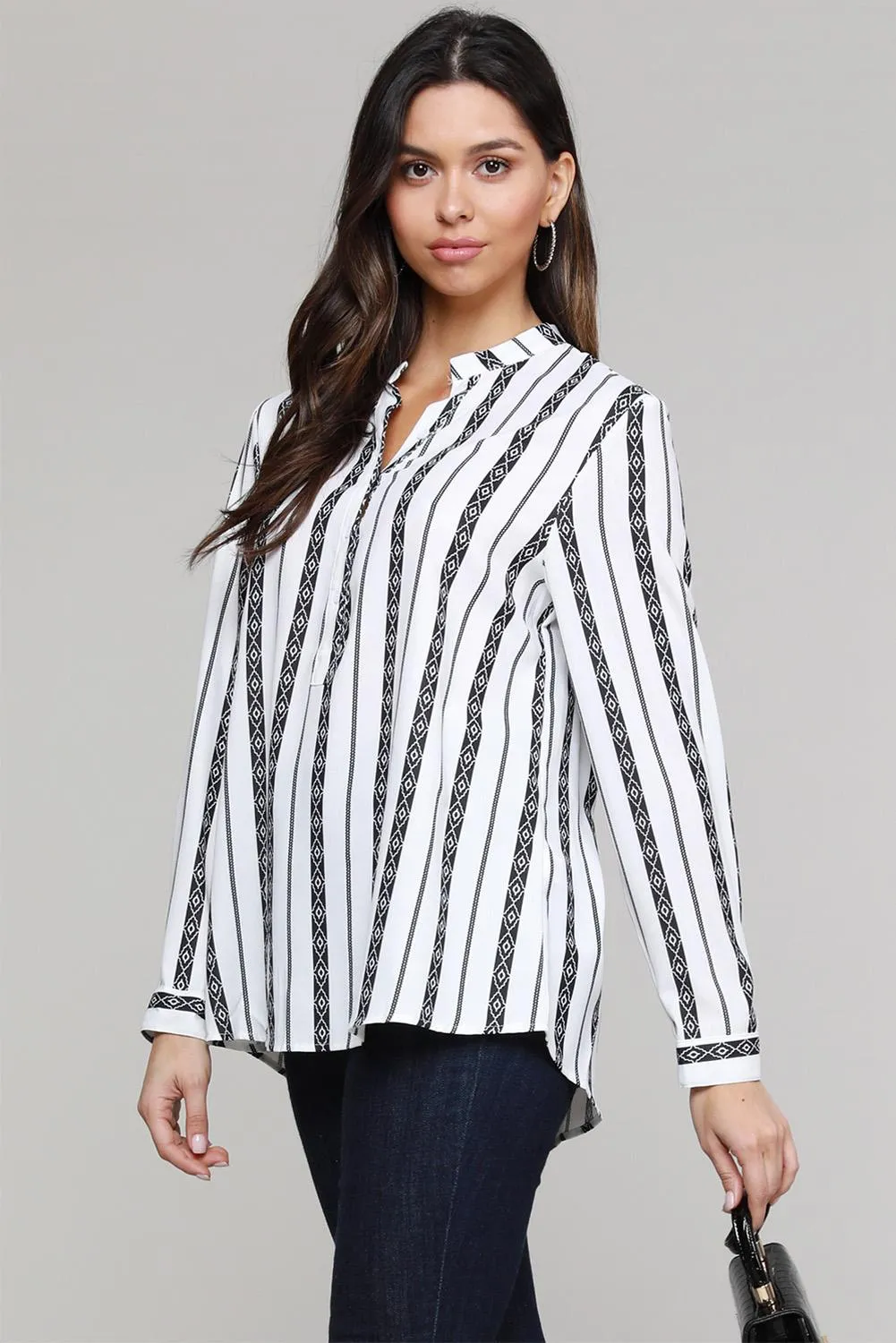 Black V Neck Striped Button Up Blouse