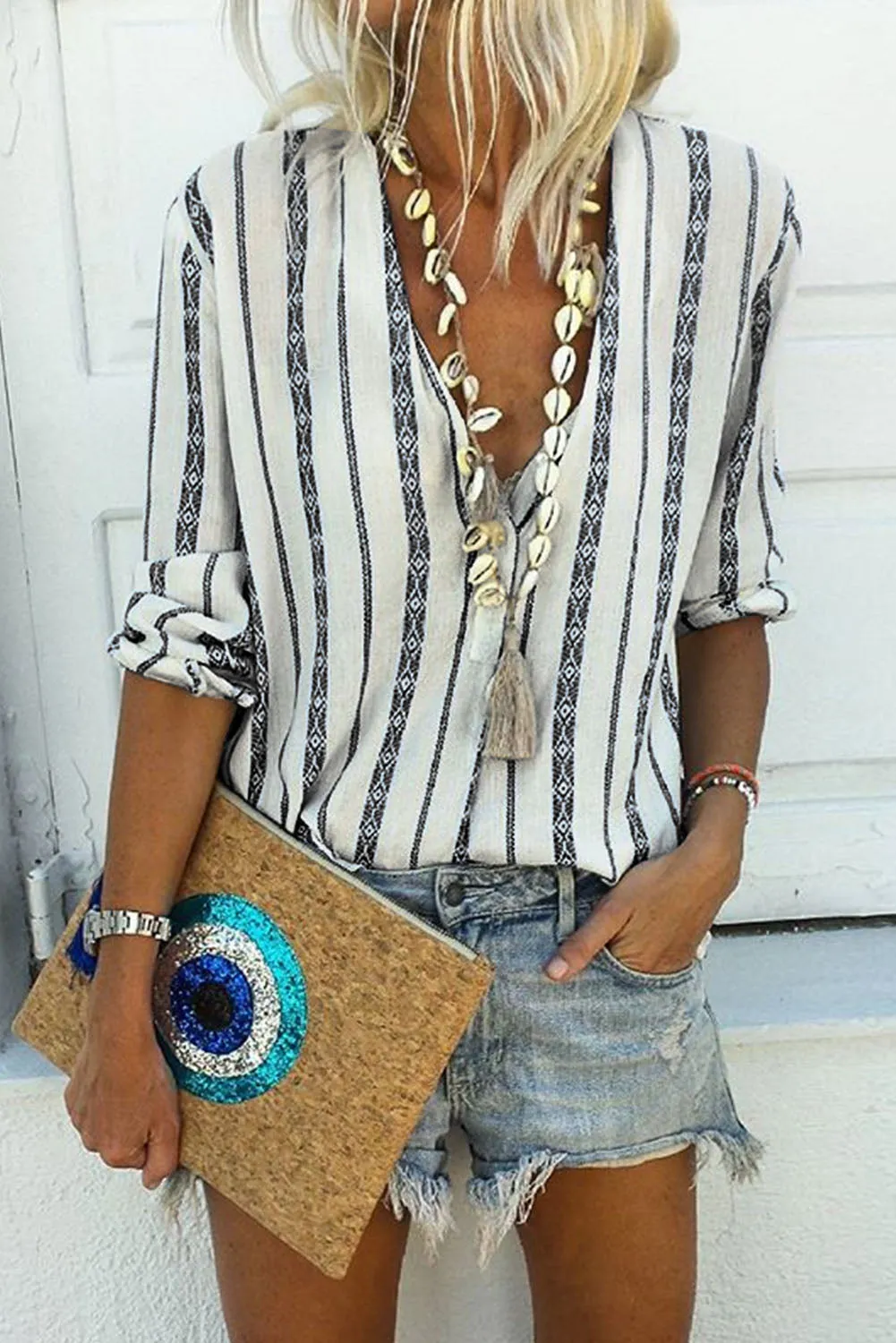 Black V Neck Striped Button Up Blouse