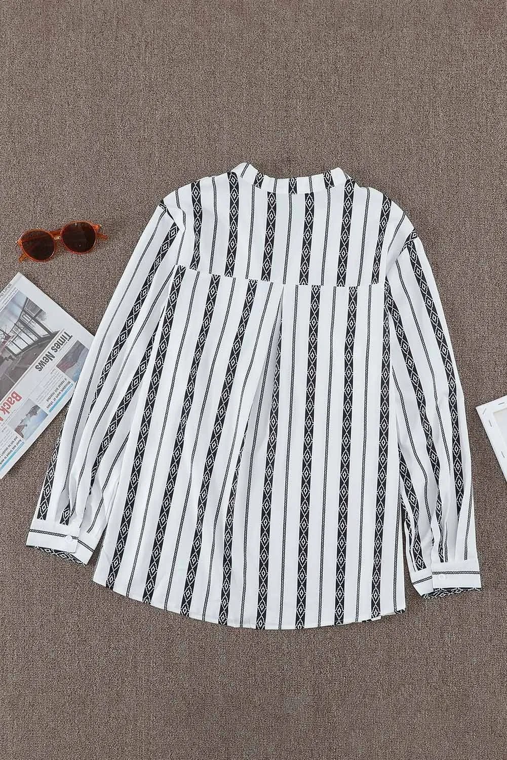 Black V Neck Striped Button Up Blouse