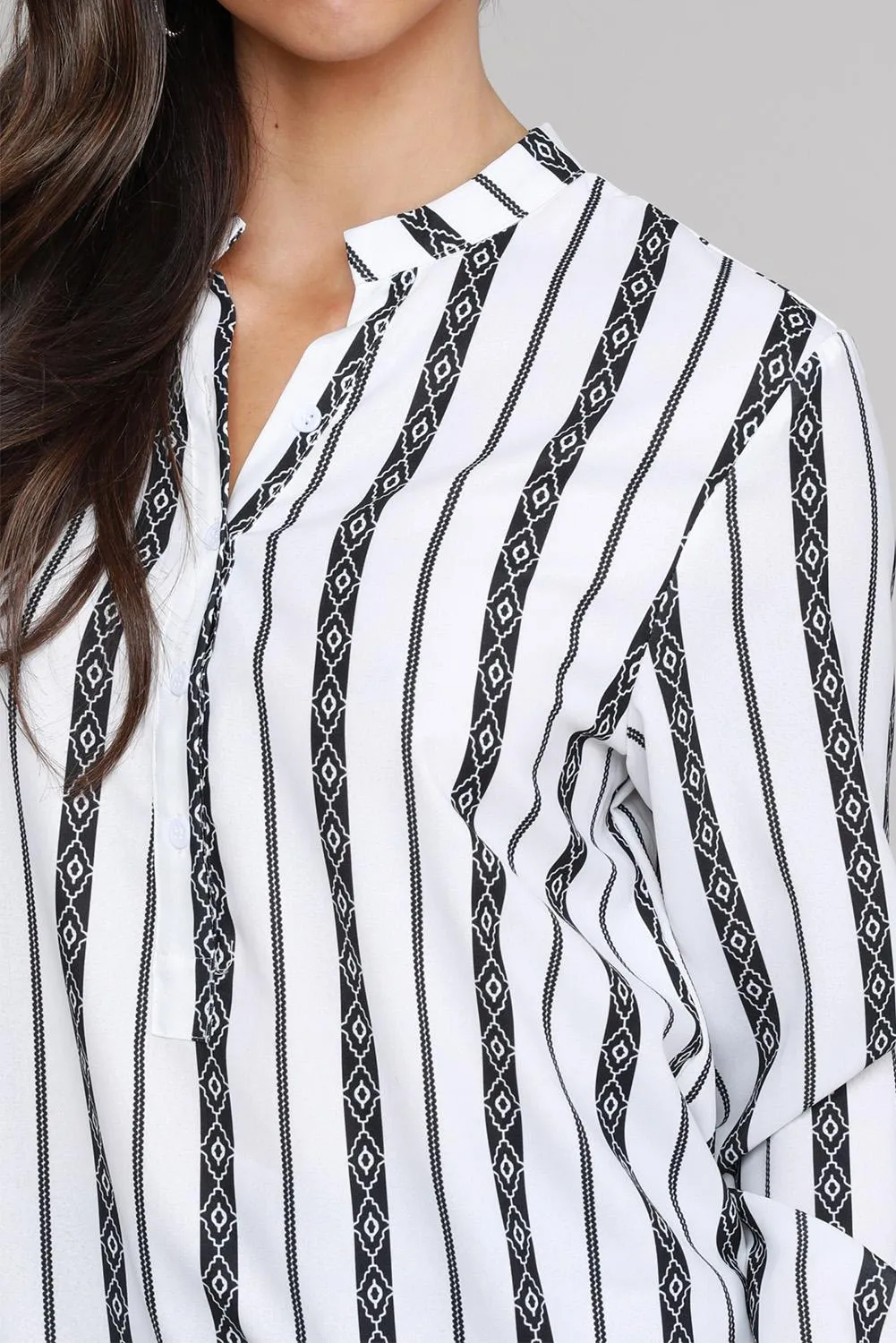Black V Neck Striped Button Up Blouse