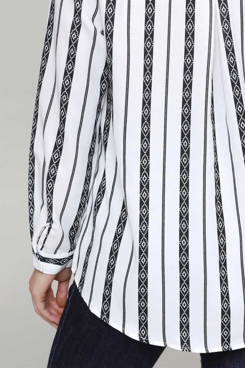 Black V Neck Striped Button Up Blouse