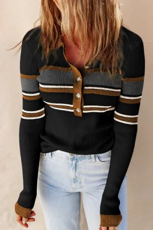 Black White Rib Knitted Stripe Detail Henley Sweater