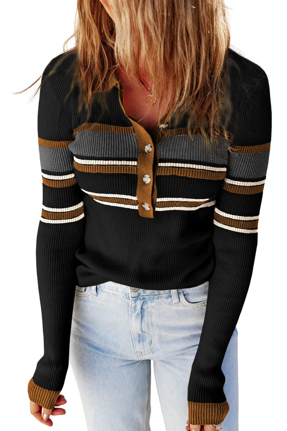 Black White Rib Knitted Stripe Detail Henley Sweater