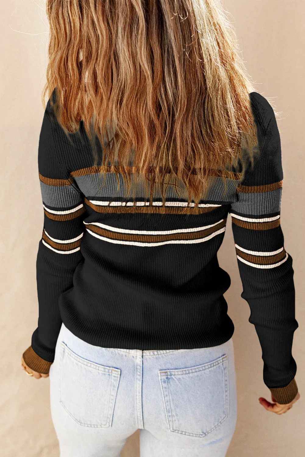 Black White Rib Knitted Stripe Detail Henley Sweater