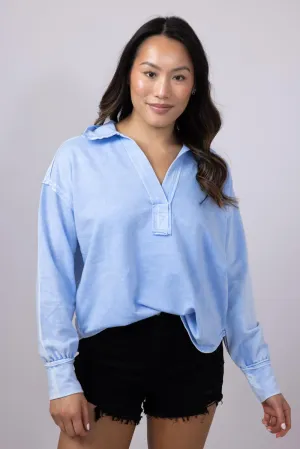 Blu Pepper Johnny Collar Mineral Wash Shirt for Women in Blue | CR2348-LIGHTBLUE