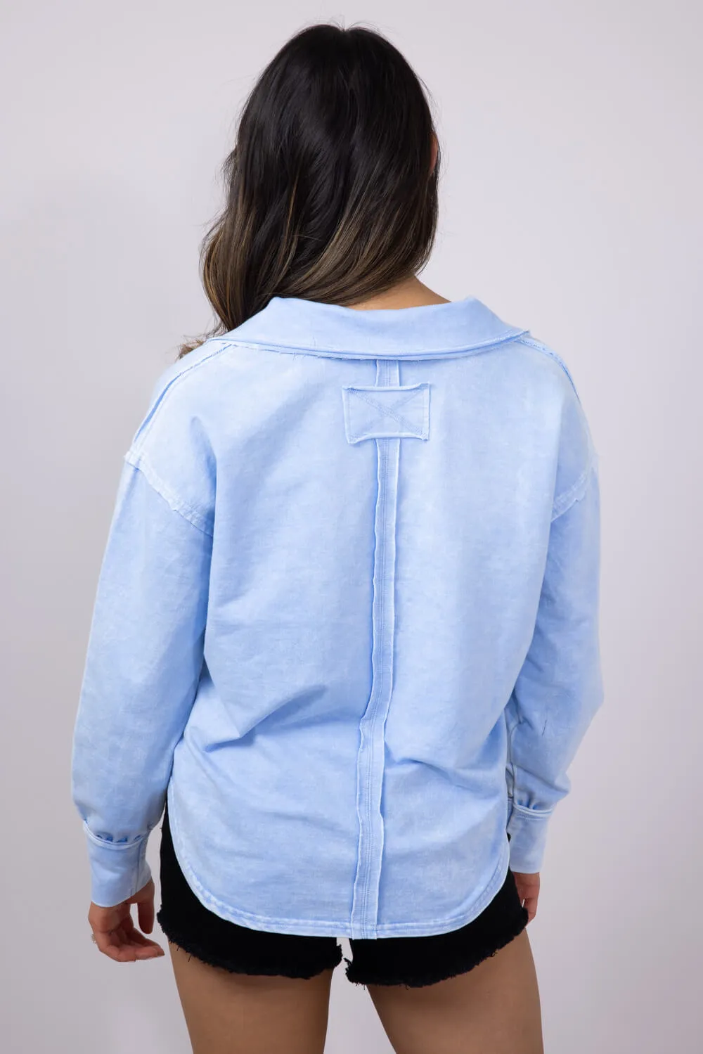Blu Pepper Johnny Collar Mineral Wash Shirt for Women in Blue | CR2348-LIGHTBLUE