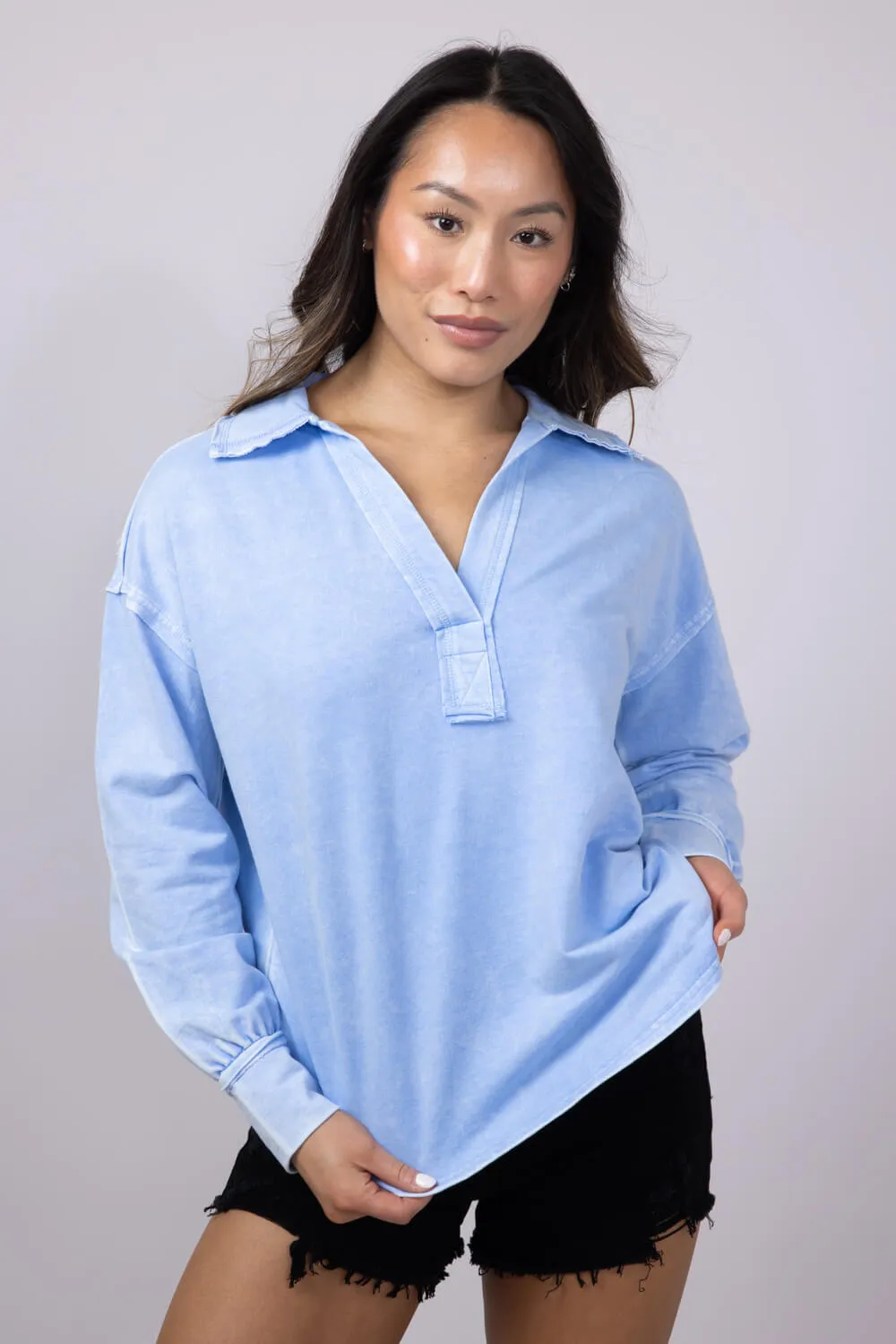 Blu Pepper Johnny Collar Mineral Wash Shirt for Women in Blue | CR2348-LIGHTBLUE