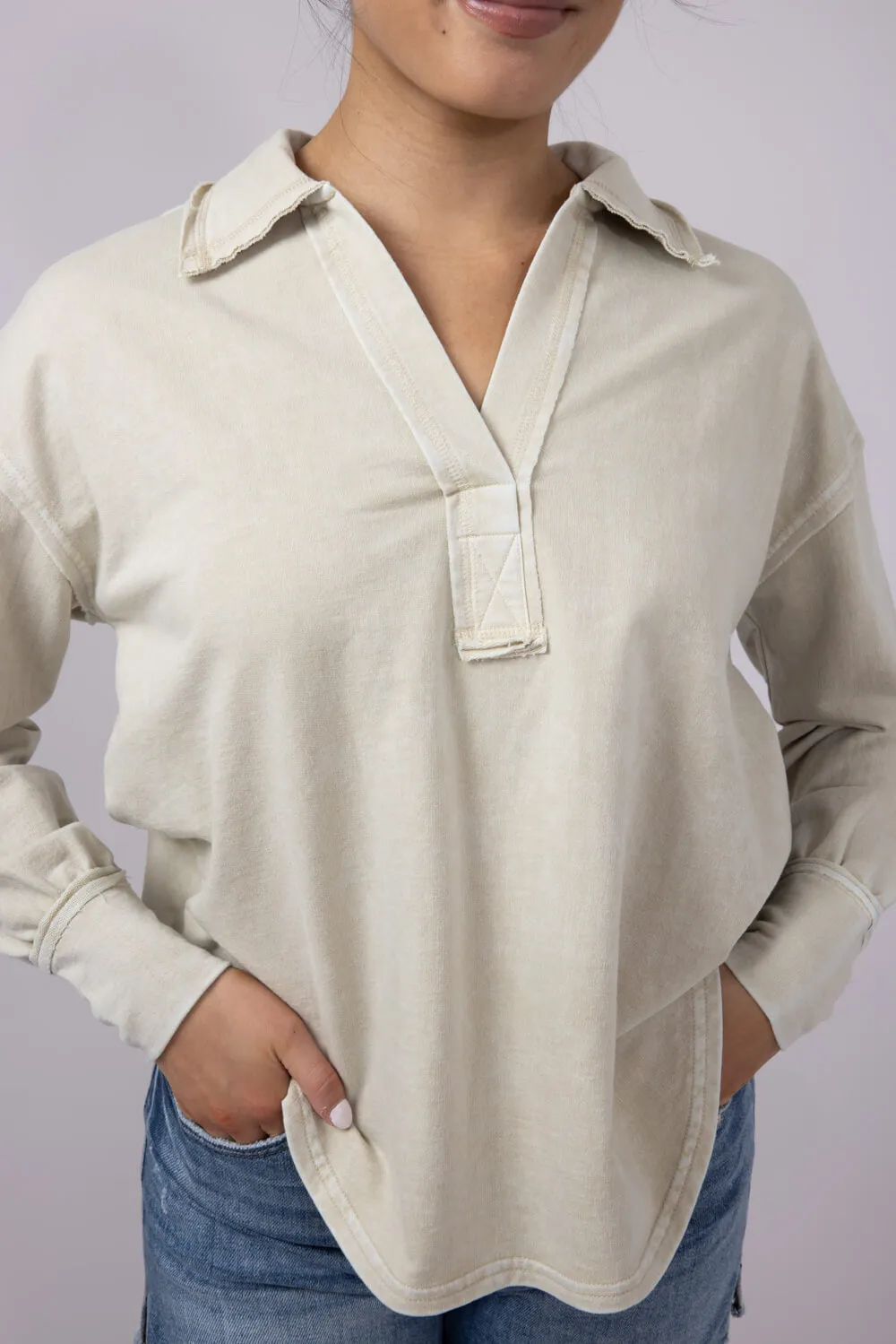 Blu Pepper Johnny Collar Mineral Wash Shirt for Women in Oatmeal | CR2348-OATMEAL
