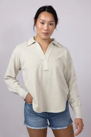 Blu Pepper Johnny Collar Mineral Wash Shirt for Women in Oatmeal | CR2348-OATMEAL