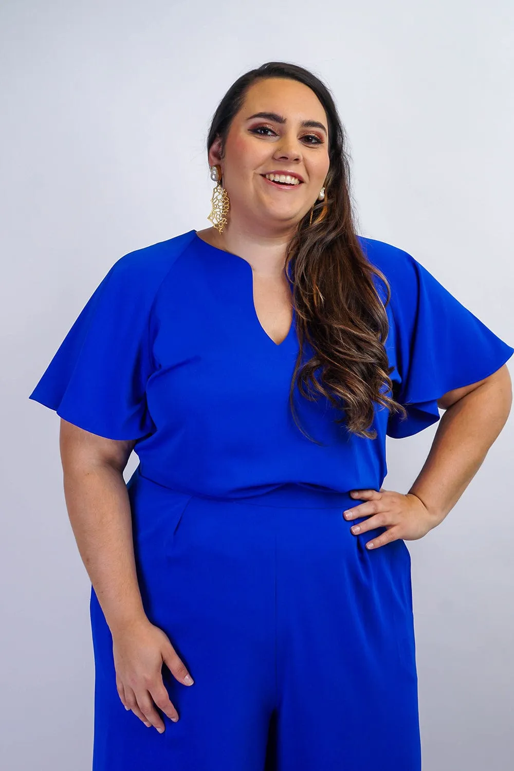 Blue Cursive V Neck Rae Top