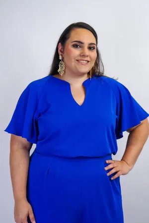 Blue Cursive V Neck Rae Top
