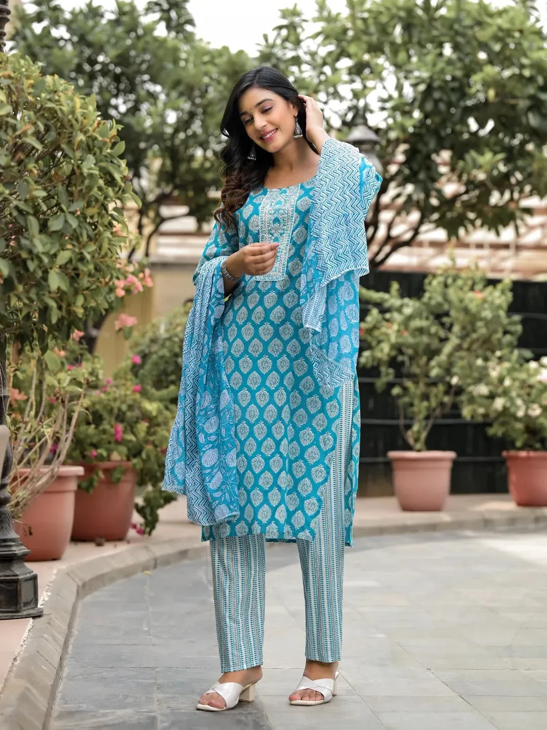 Blue Ethnic Motif Printed Cotton Kurta, Pant And Dupatta Set With Zari Work-J4845BLUE_OF