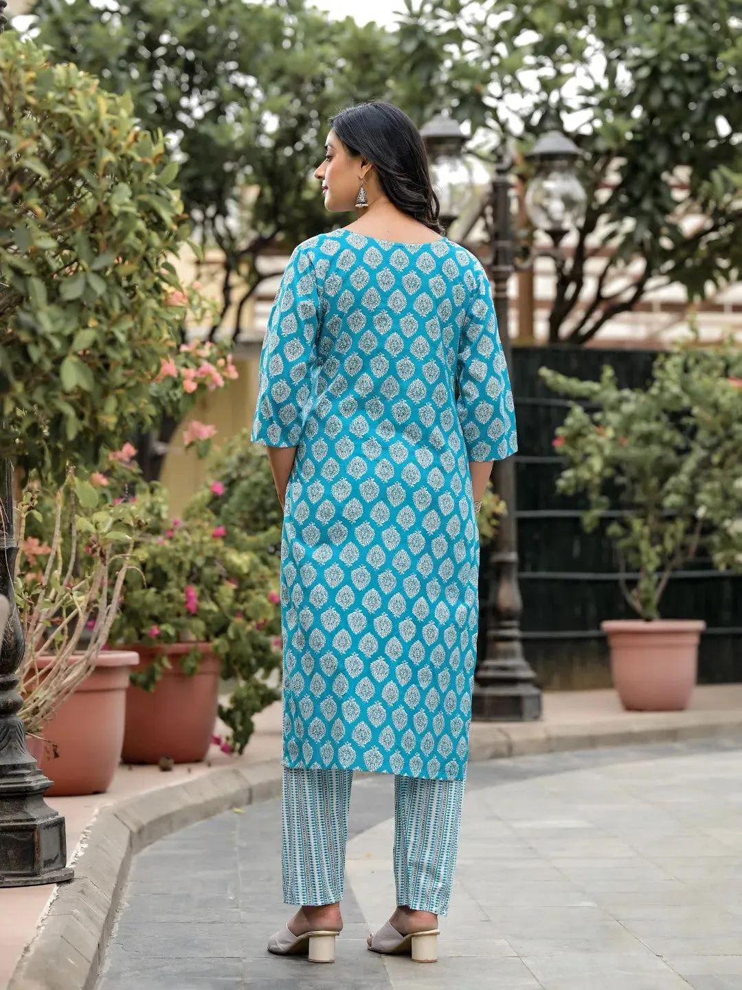 Blue Ethnic Motif Printed Cotton Kurta, Pant And Dupatta Set With Zari Work-J4845BLUE_OF