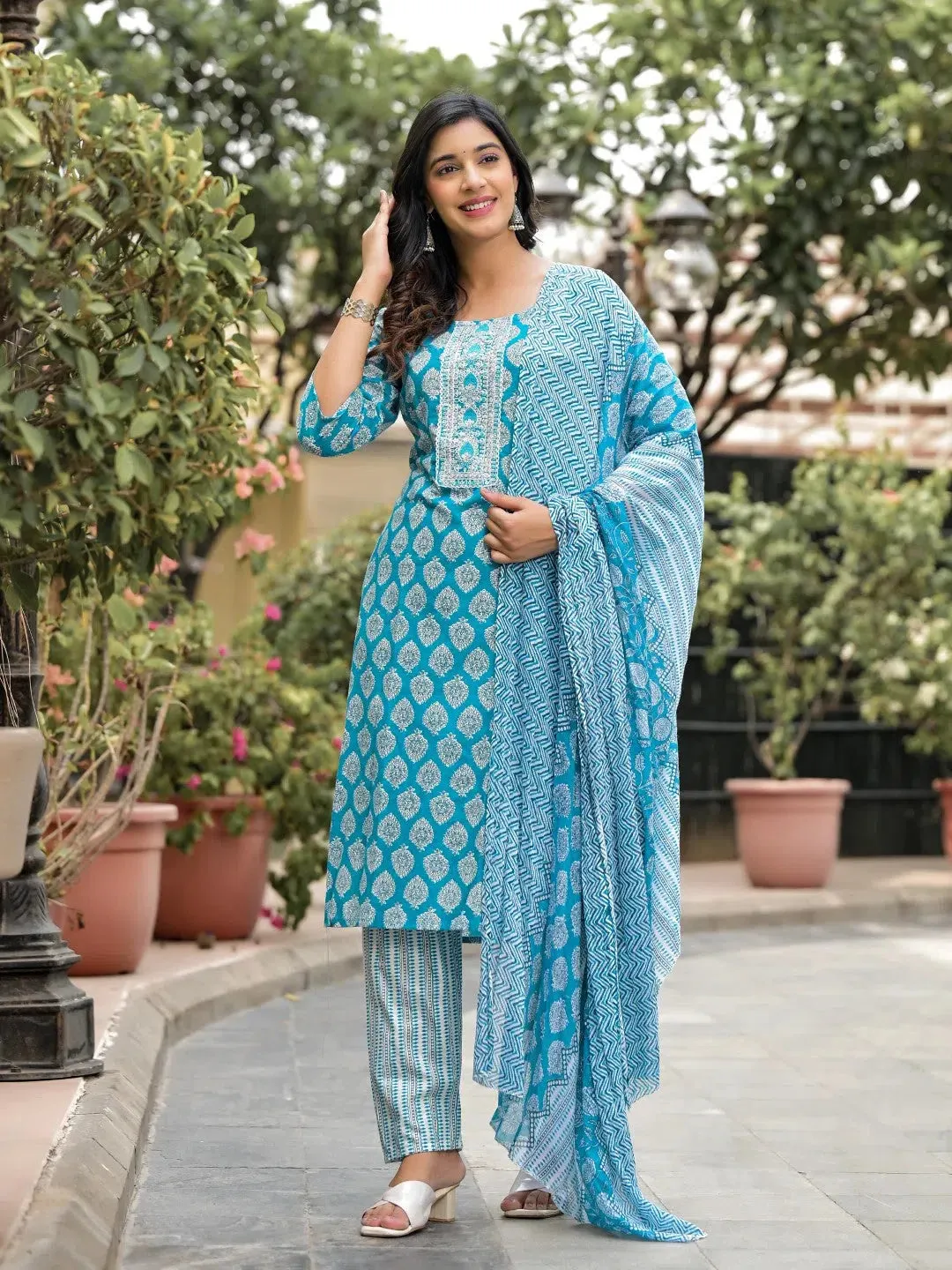 Blue Ethnic Motif Printed Cotton Kurta, Pant And Dupatta Set With Zari Work-J4845BLUE_OF