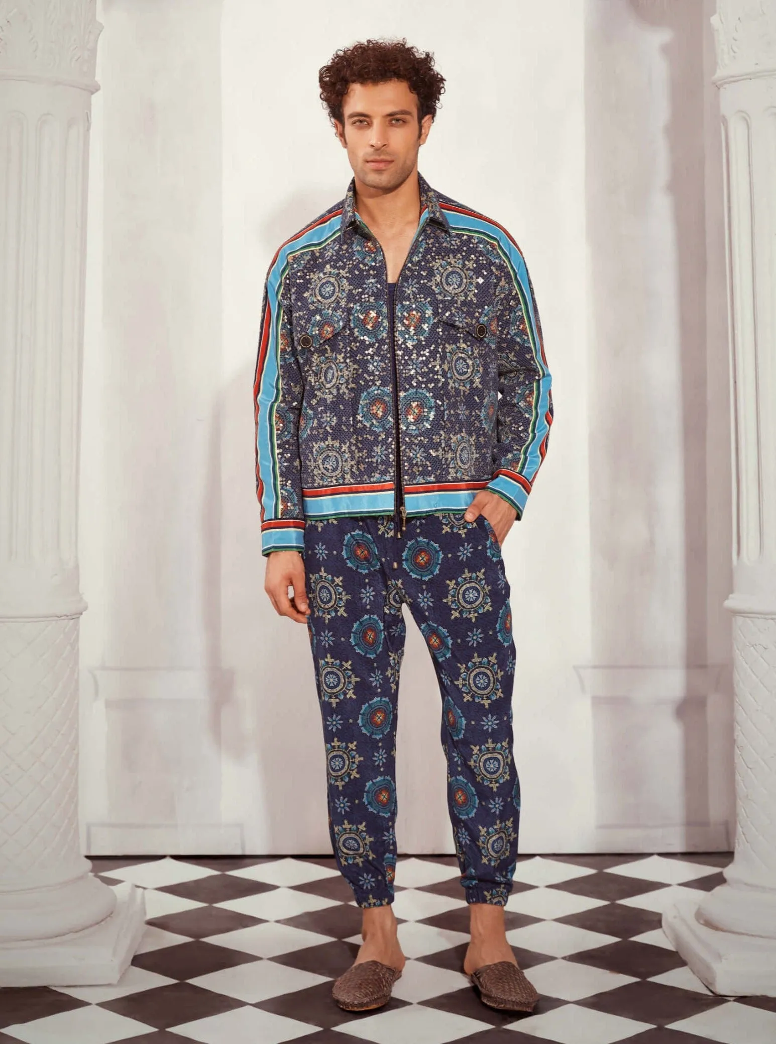 Blue mosaic print joggers