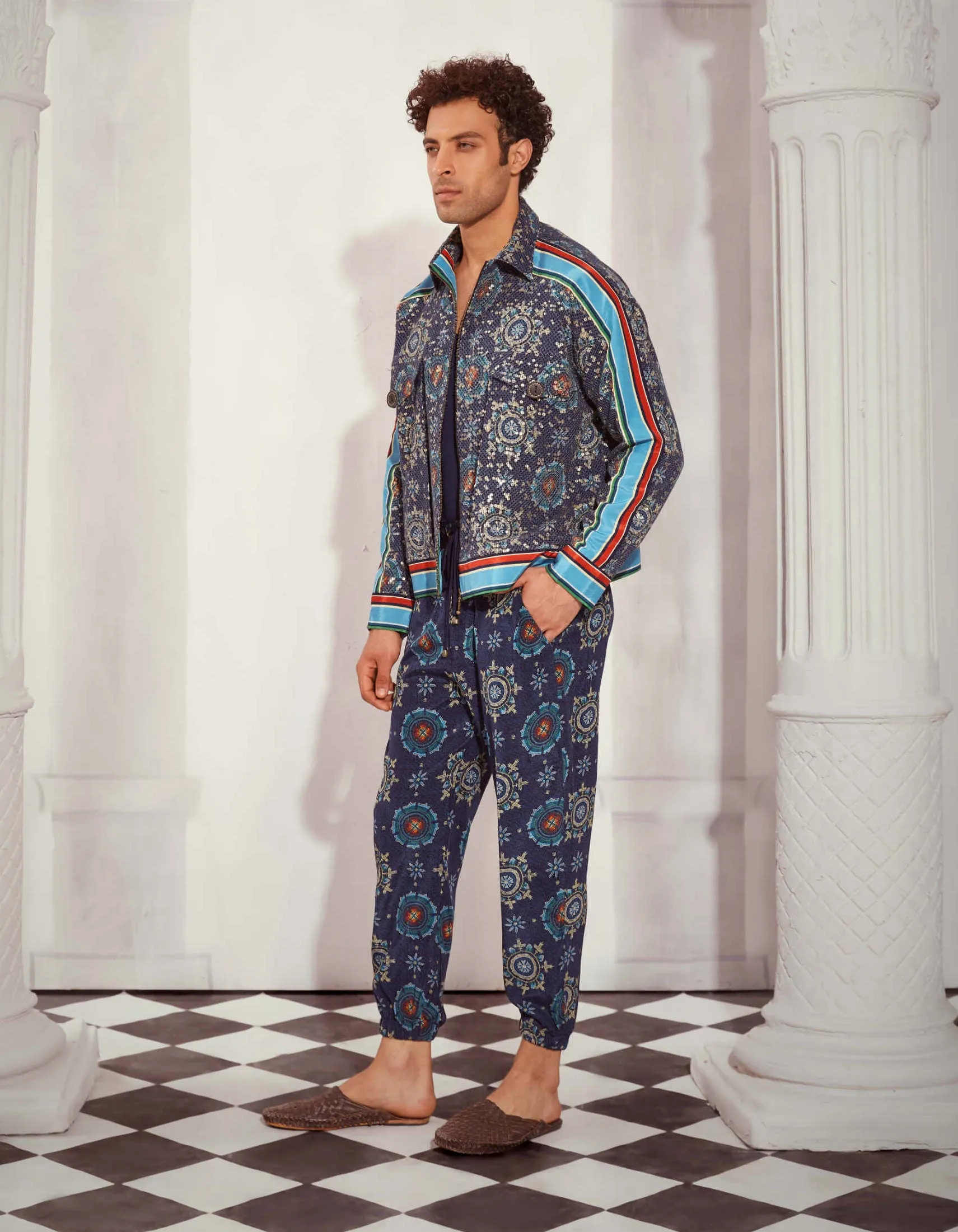 Blue mosaic print joggers