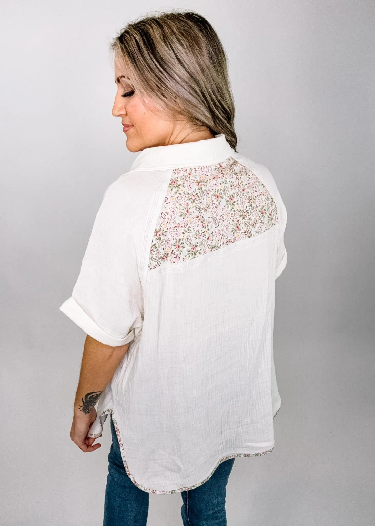 Bone Gauze Button Down Top with Floral Detail