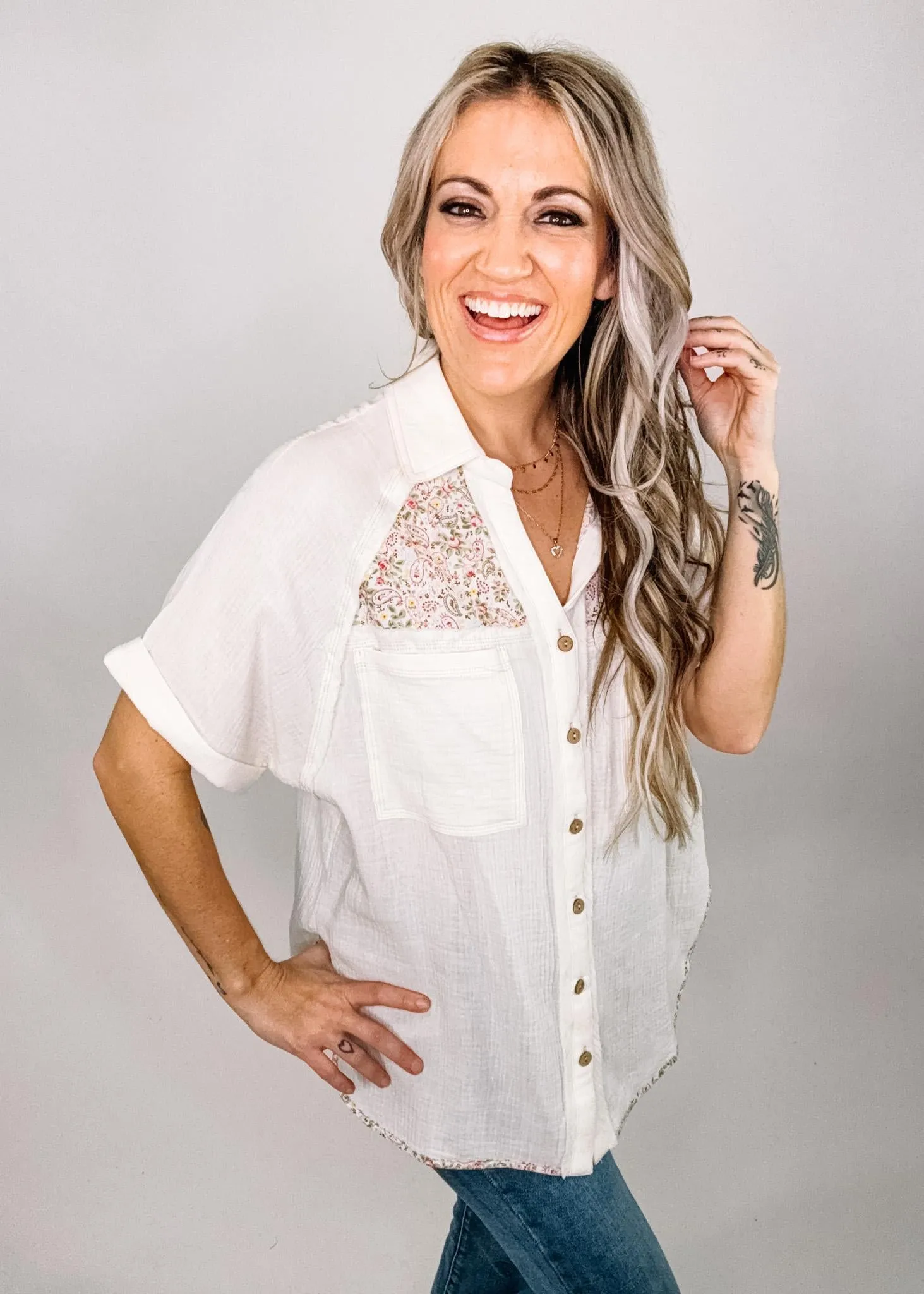 Bone Gauze Button Down Top with Floral Detail