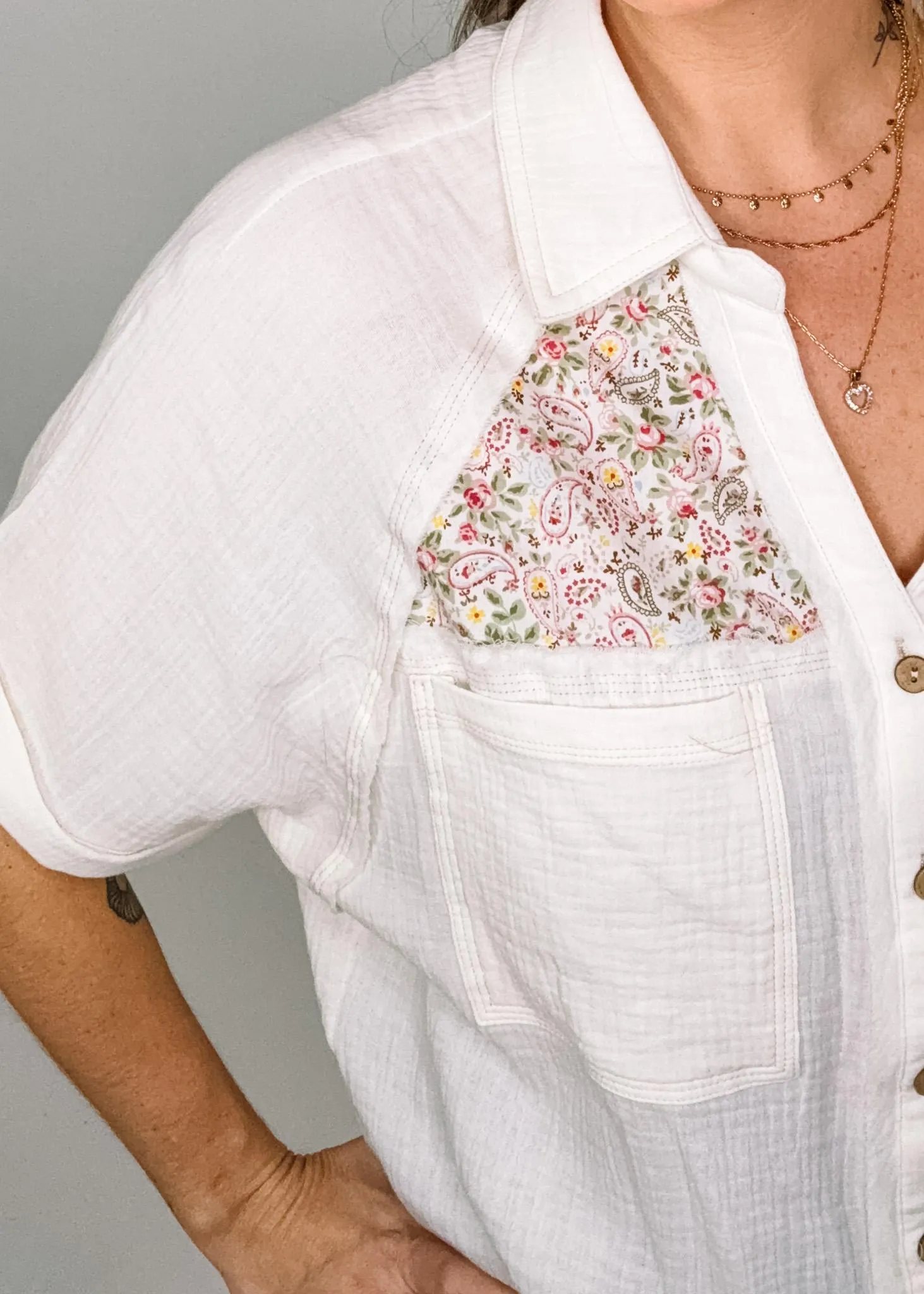 Bone Gauze Button Down Top with Floral Detail