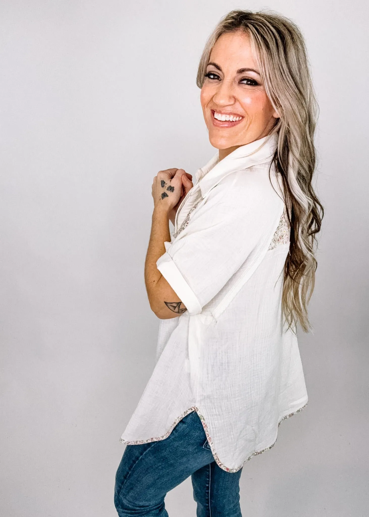 Bone Gauze Button Down Top with Floral Detail
