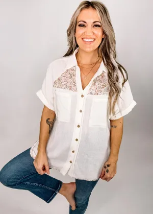 Bone Gauze Button Down Top with Floral Detail