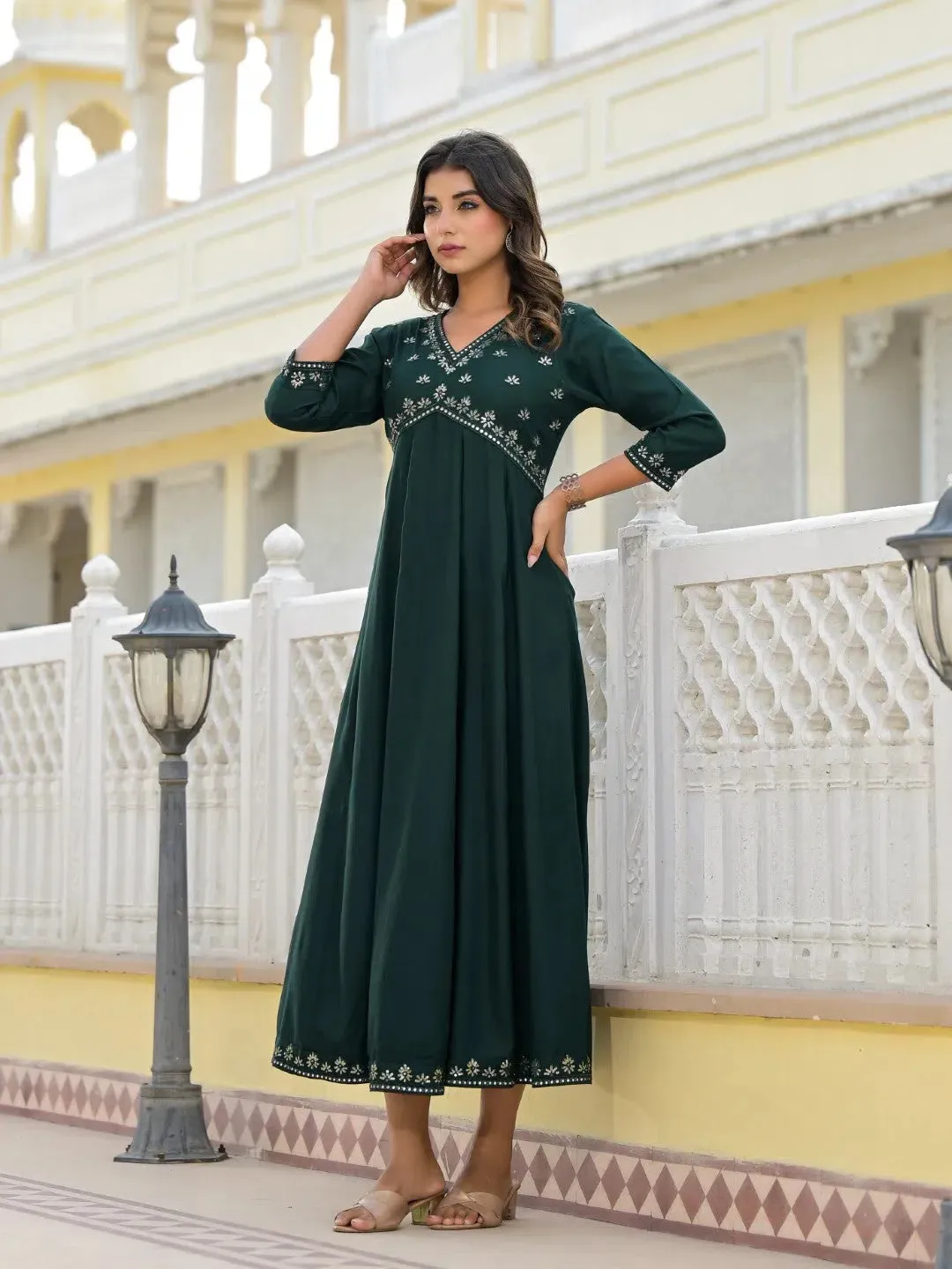 Bottle Green Mirror Embroidered Liva Rayon Dress With Sequins-J4803OT11BOTTLEGREEN