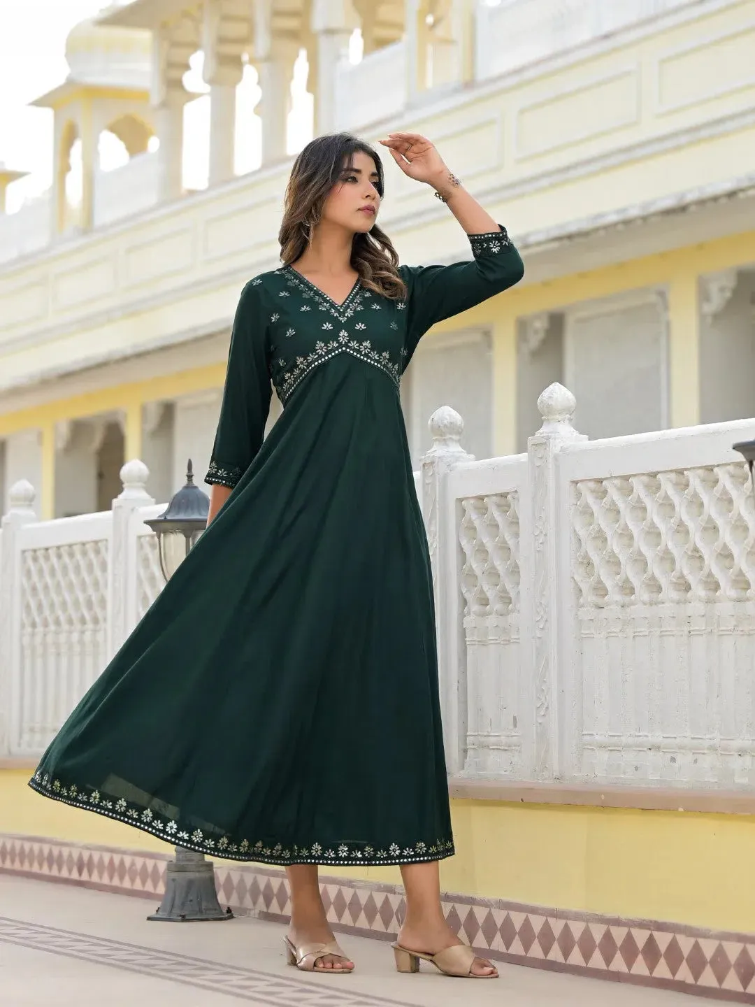 Bottle Green Mirror Embroidered Liva Rayon Dress With Sequins-J4803OT11BOTTLEGREEN