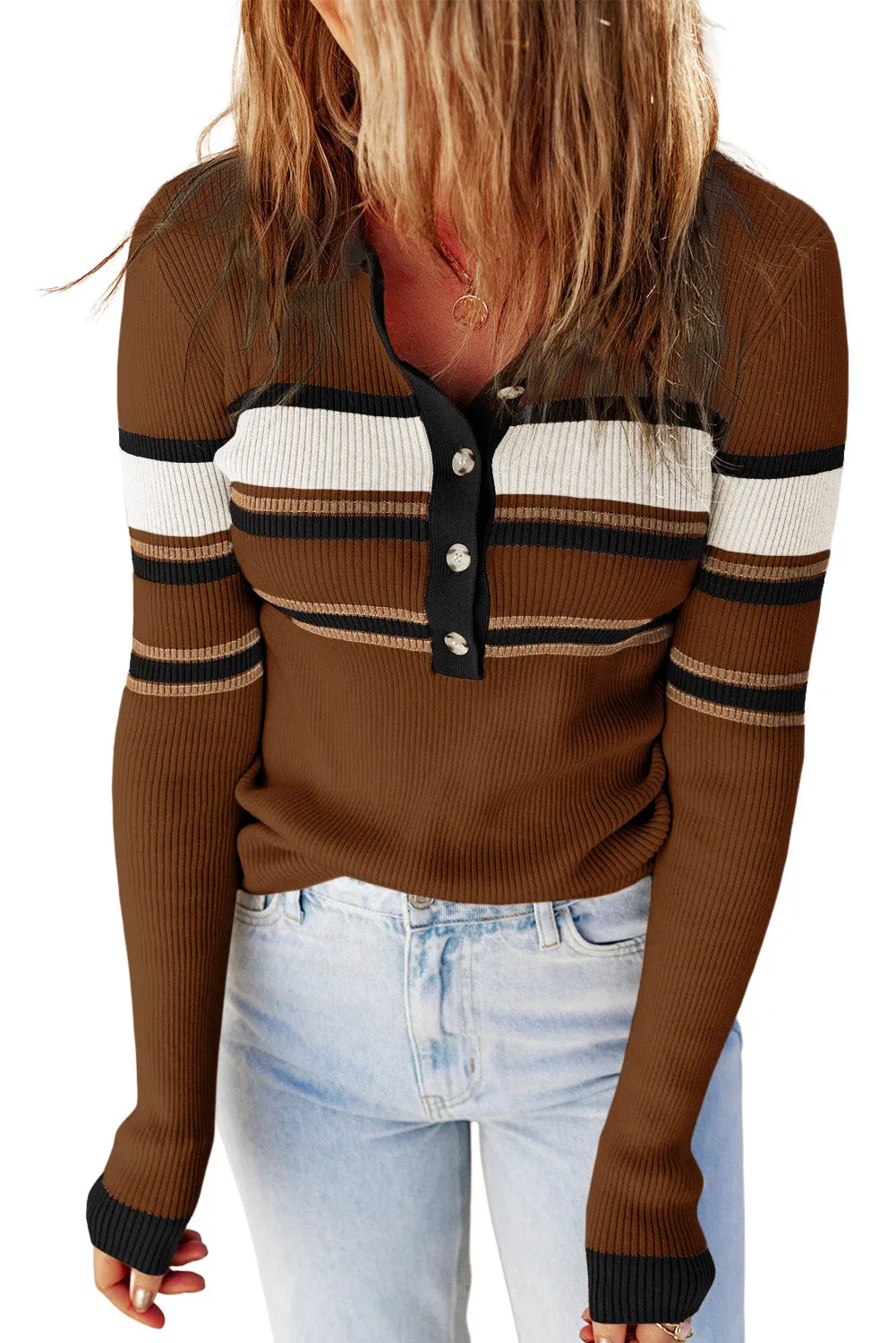 Brown White Rib Knitted Stripe Detail Henley Sweater