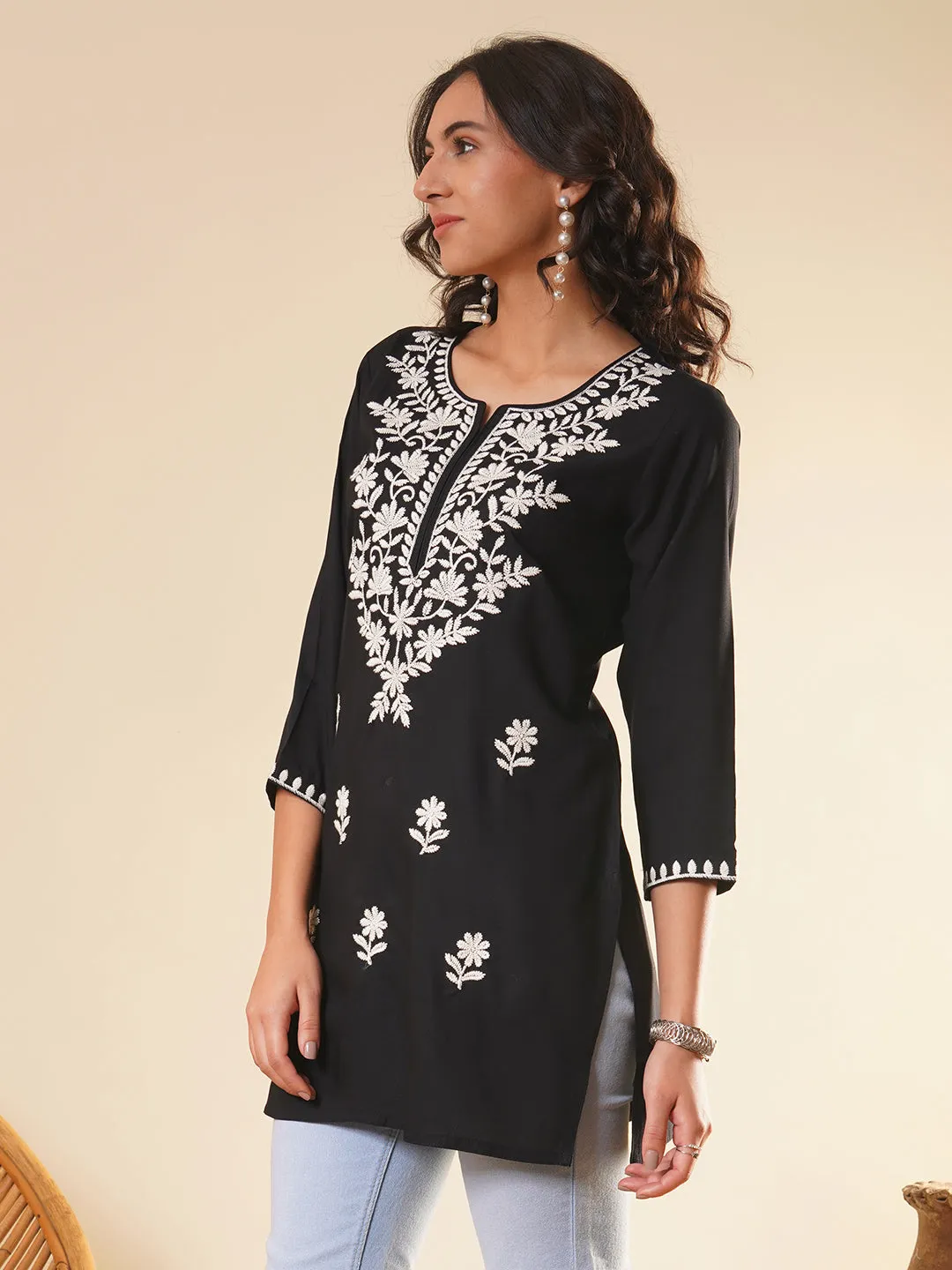 Buy Round Neckline Black Comfort Fit Rayon Tunic For Women Online - Zola