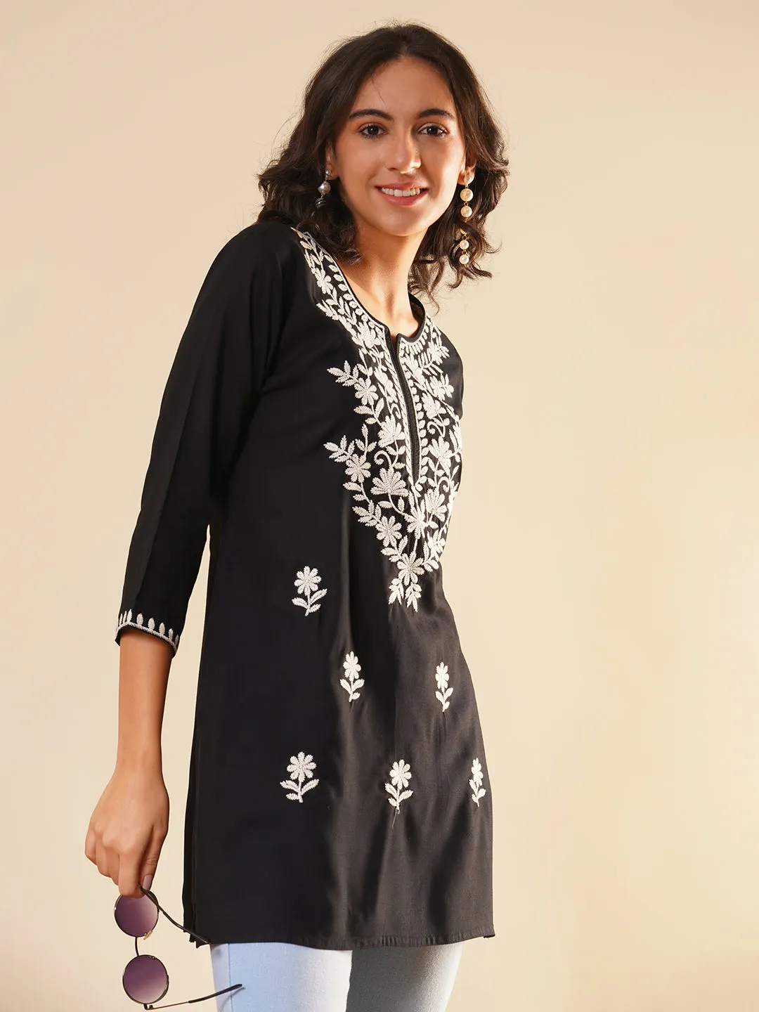 Buy Round Neckline Black Comfort Fit Rayon Tunic For Women Online - Zola