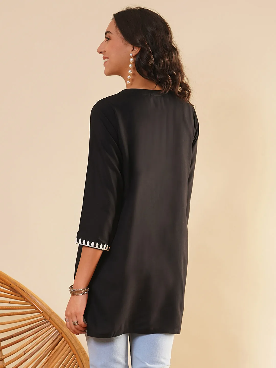 Buy Round Neckline Black Comfort Fit Rayon Tunic For Women Online - Zola