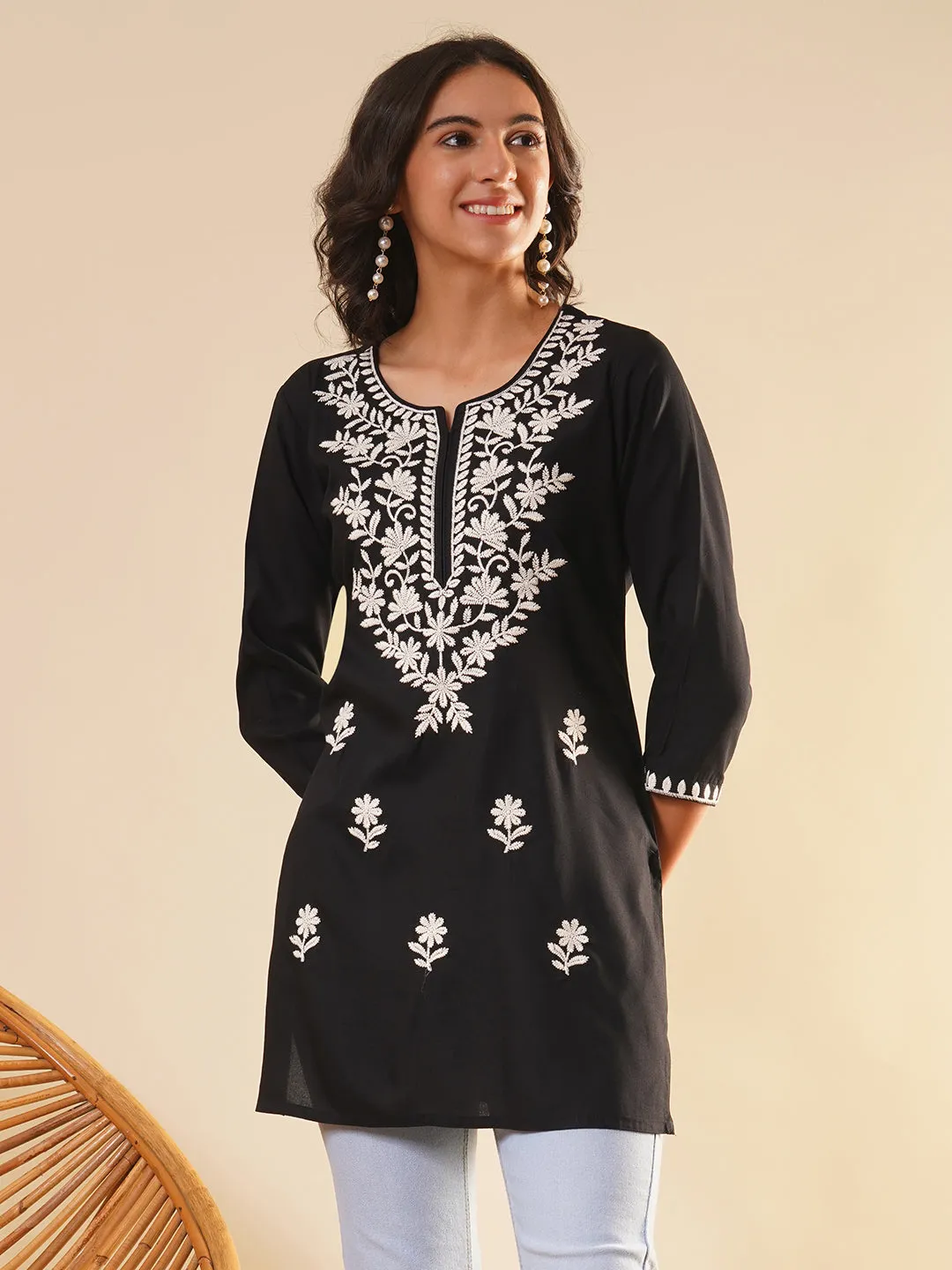 Buy Round Neckline Black Comfort Fit Rayon Tunic For Women Online - Zola
