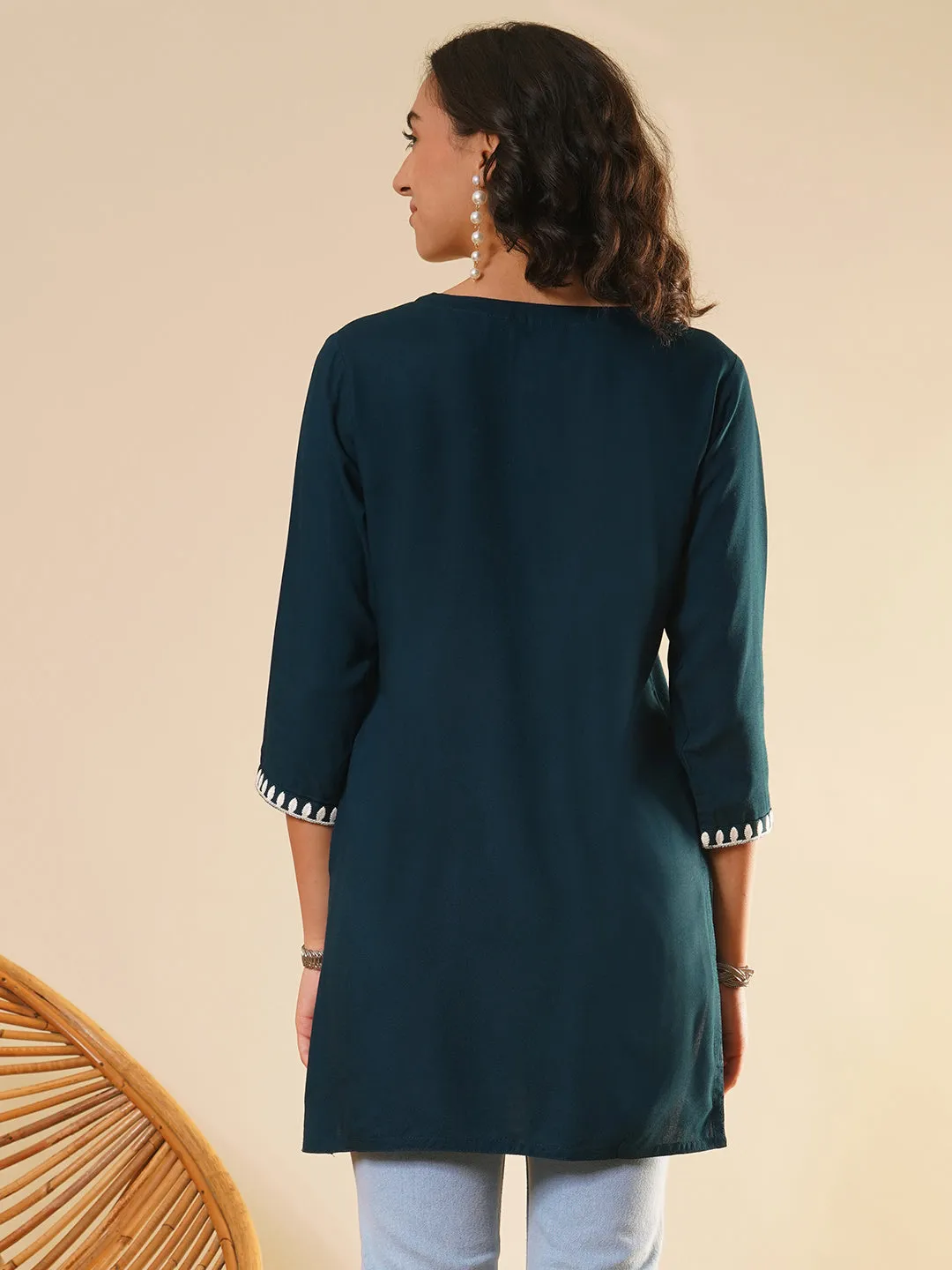 Buy Round Neckline Teal Comfort Fit Rayon Tunic For Women Online - Zola