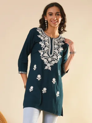 Buy Round Neckline Teal Comfort Fit Rayon Tunic For Women Online - Zola